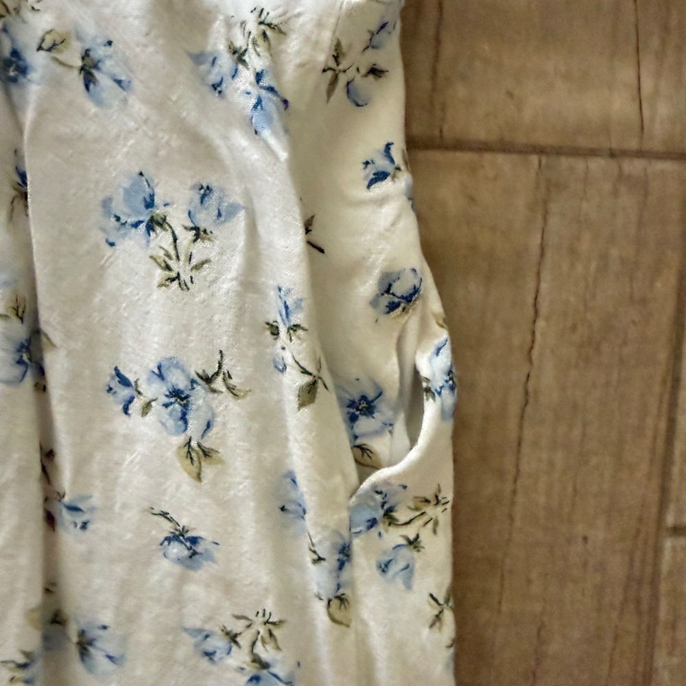 Old Navy Floral Puff Sleeve Button Up Mini Dress White Blue Square Neck Smocked - Picture 9 of 12